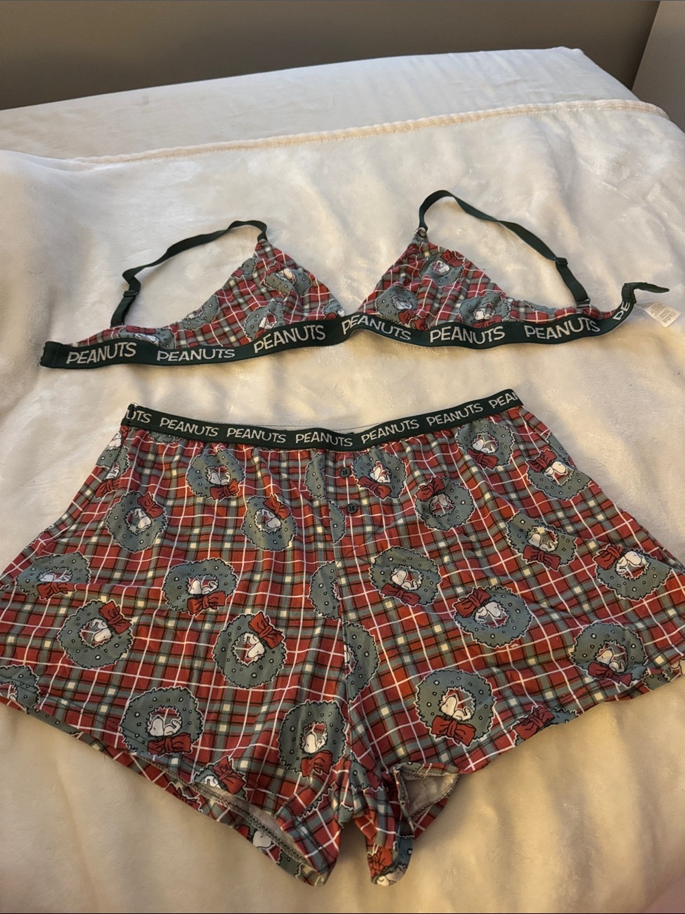 Peanuts Red Plaid Bralette & Boxer Short Sleep Set with Character Wreaths